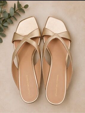 Stuart Weitzman Metallic Gold Crisscross Square-Toe Slide Mules NO BOX NWT